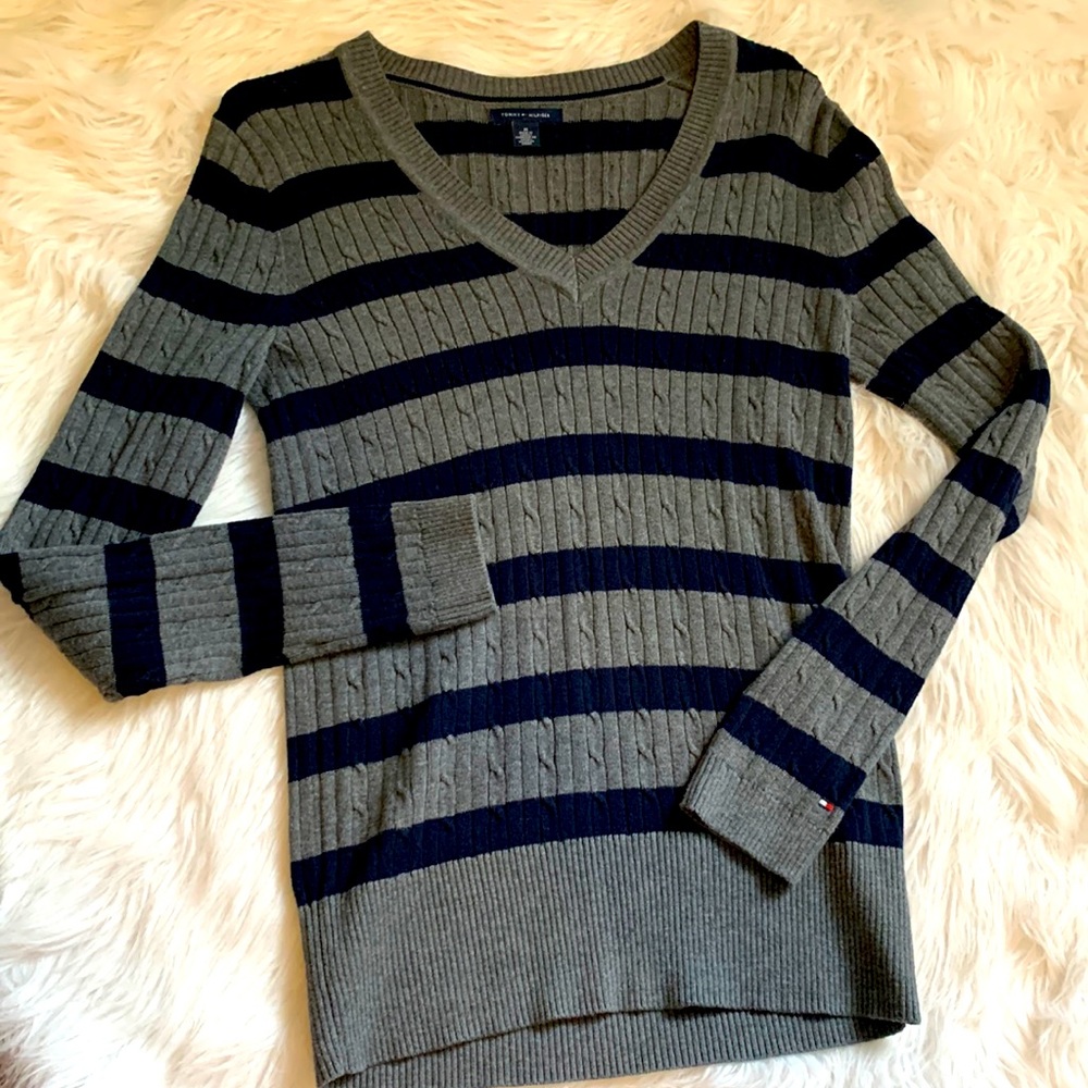 Navy and dark grey long sleeved V-neck Tommy Hilfiger sweater.